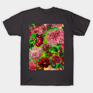 vintage flowers and leaves pattern, botanical pattern, floral illustration, green vintage floral over a T-Shirt